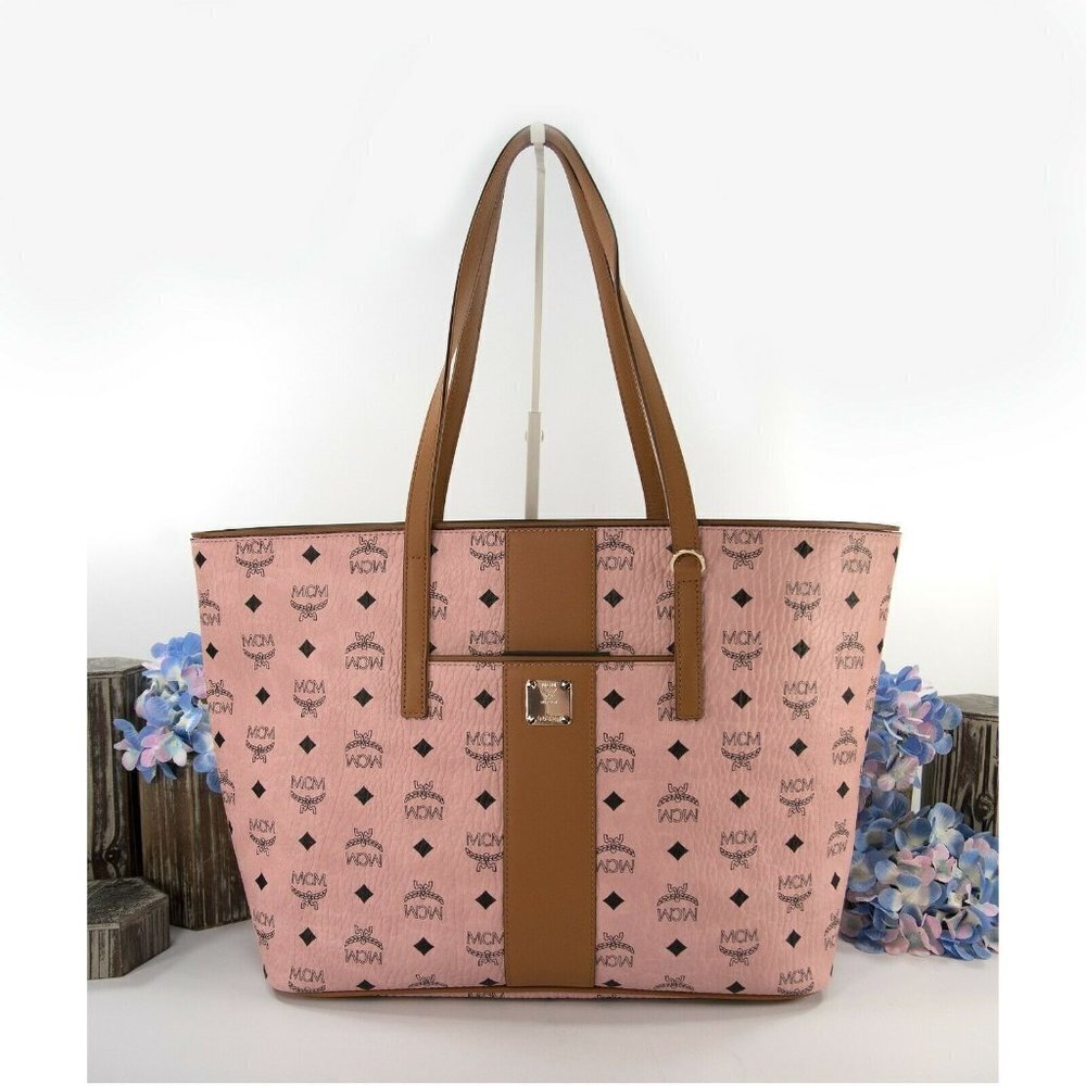 MCM Anya Baby Pink Visetos Logo Stripe Large Tote Bag NWT - Picture 5 of 10